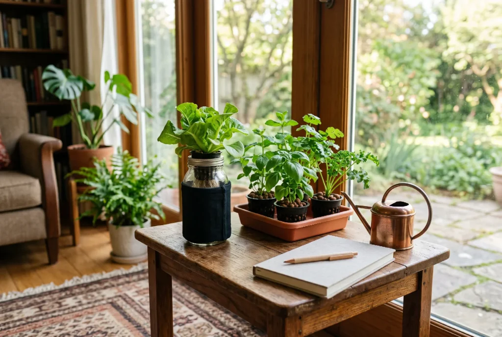 A sunlit corner of a home with a small wooden table by a window holding a planted Kratky jar, a tray of herbs in net pots, a watering can and a notebook.