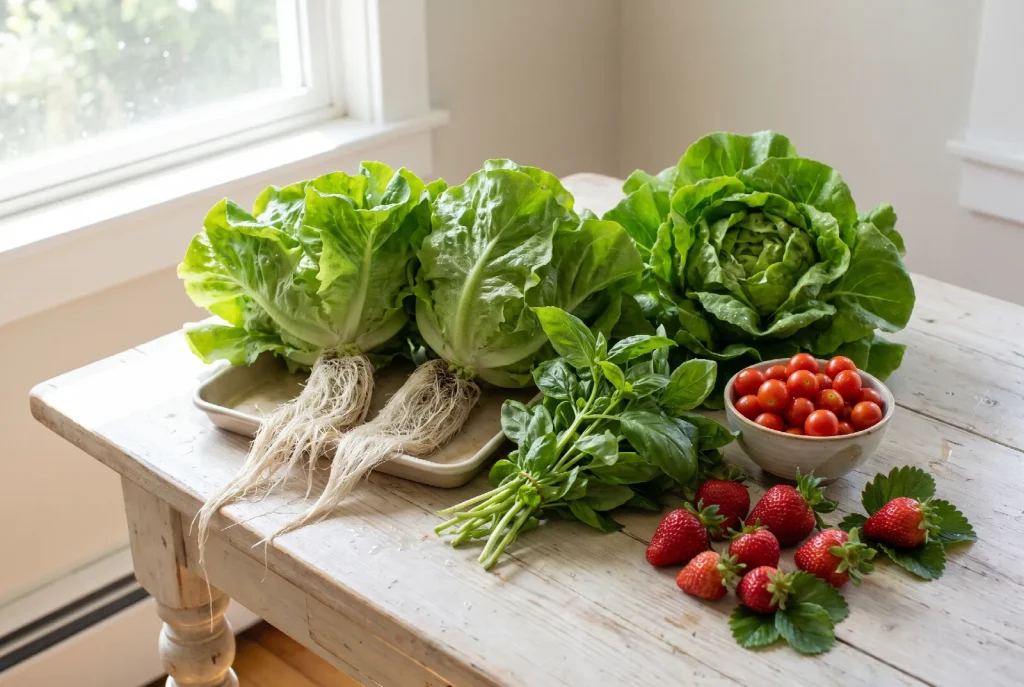 Freshly cut hydroponic produce on a wooden table: two heads of butterhead lettuce with clean white roots attached, a bunch of basil, cherry tomatoes and strawberries.