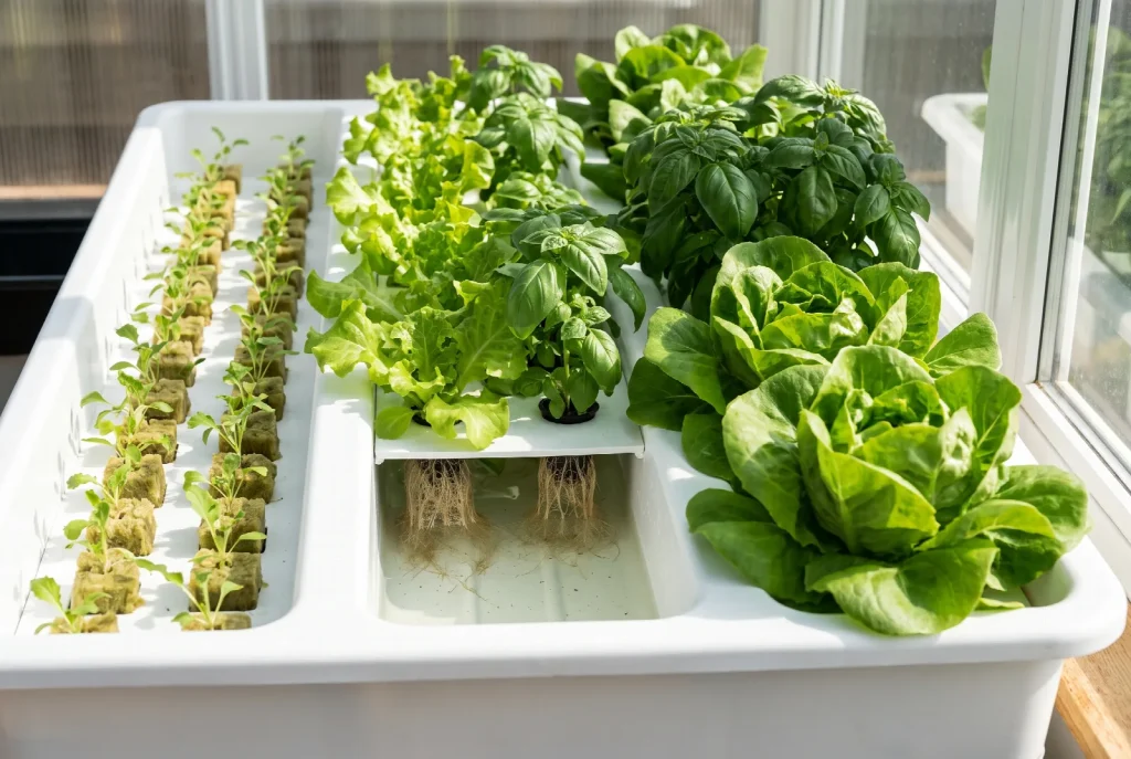 One long white channel showing beginner hydroponic crops at three stages: tiny seedlings at the left, half-grown plants in the middle and harvest-ready lettuce and basil at the right.