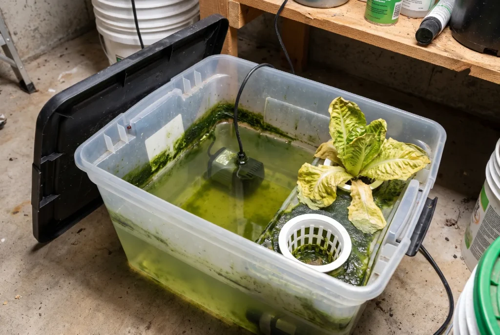 A clear-sided reservoir with its lid lifted to reveal cloudy green algae-fouled solution and slime on the walls, with a limp yellowing lettuce plant above.