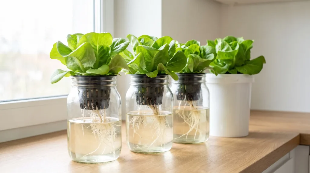 Three glass jars and a white tub of butterhead lettuce on a kitchen worktop, roots hanging through the net pots into nutrient solution, with no pumps or wiring.