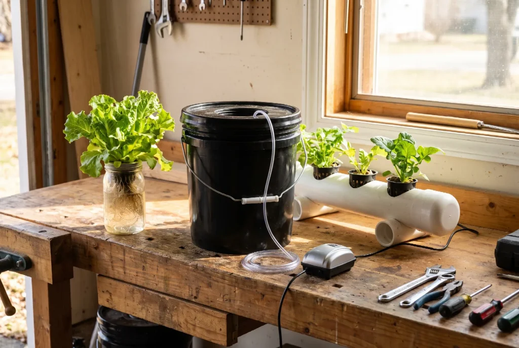 A workshop bench holding three hand-built hydroponic systems side by side: a glass jar Kratky garden, a black bucket unit with an air pump, and a length of white PVC pipe with net pots of greens.