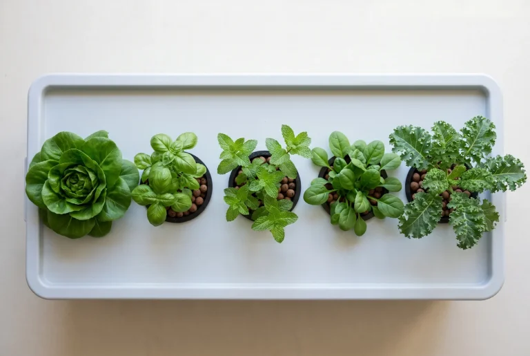 Lettuce, basil, mint, spinach and kale growing side by side in black net pots set into a white hydroponic tray.