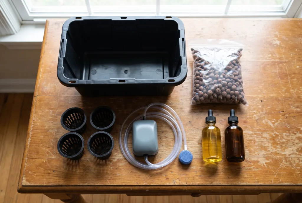 A modest hydroponic starter set on a wooden table: a black storage tote, four net pots, a small air pump with tubing and an air stone, a bag of clay pebbles and two small nutrient bottles.
