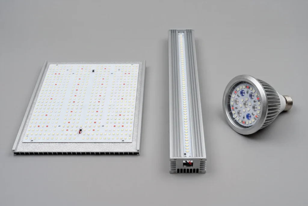 Three unbranded LED grow lights laid side by side on a grey surface: a wide flat quantum board panel, a slim linear light bar and a screw-in bulb style grow light.