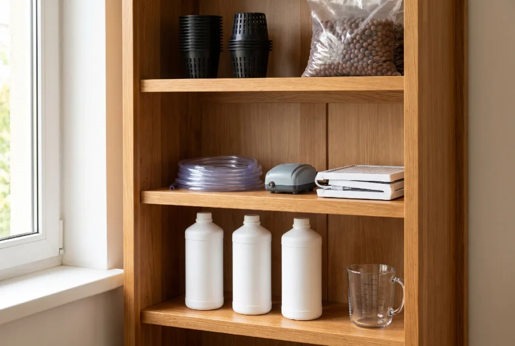 A wooden shelving unit holding tidy hydroponic supplies: stacked net pots, a sack of clay pebbles, coiled tubing, an air pump, a folded grow light, plain nutrient bottles and a measuring jug.