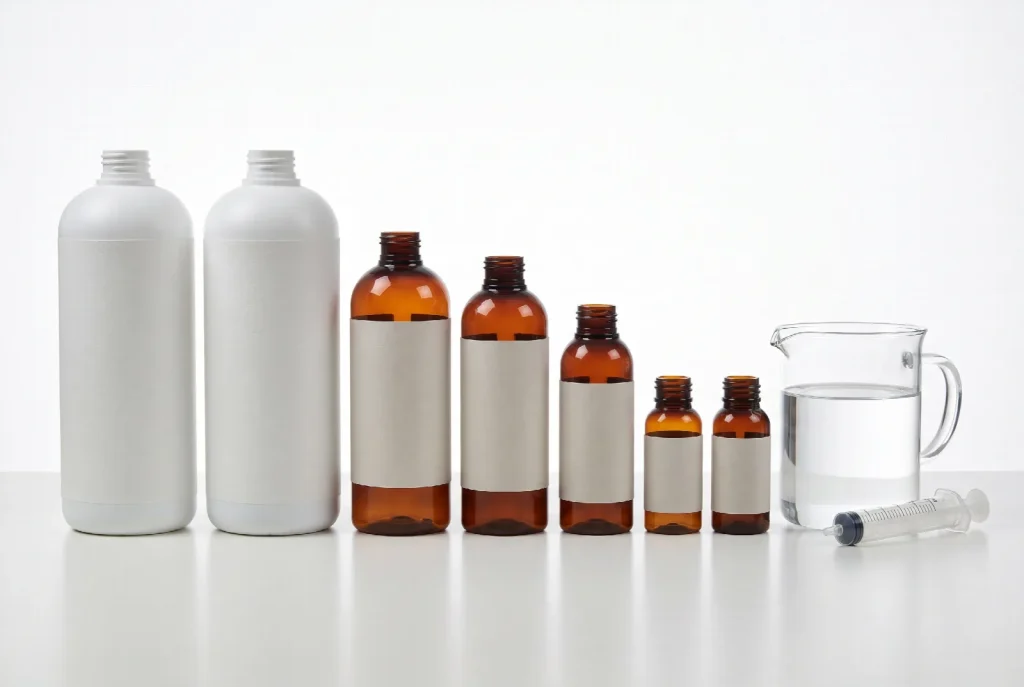 A row of unlabelled hydroponic nutrient bottles in a range of sizes, from one litre down to small amber bottles, beside a measuring jug and a syringe.