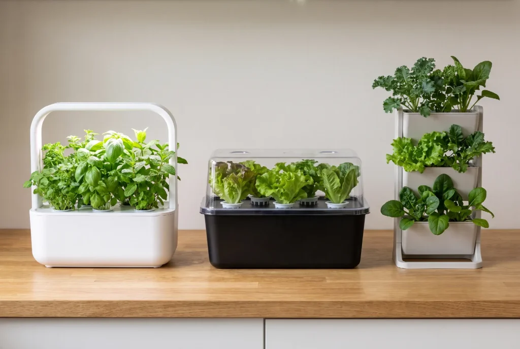 Three different small countertop hydroponic growing units side by side on a worktop: a compact unit with an arched LED arm over herbs, a rectangular tub with six net pots of lettuce, and a slim vertical stacked planter.