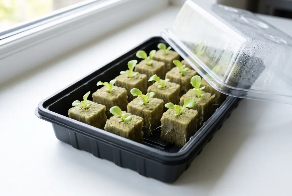 A propagation tray of rockwool cubes on a worktop, each holding a small lettuce or basil seedling with its first true leaves, some cubes showing white roots emerging, with the humidity dome lifted off.