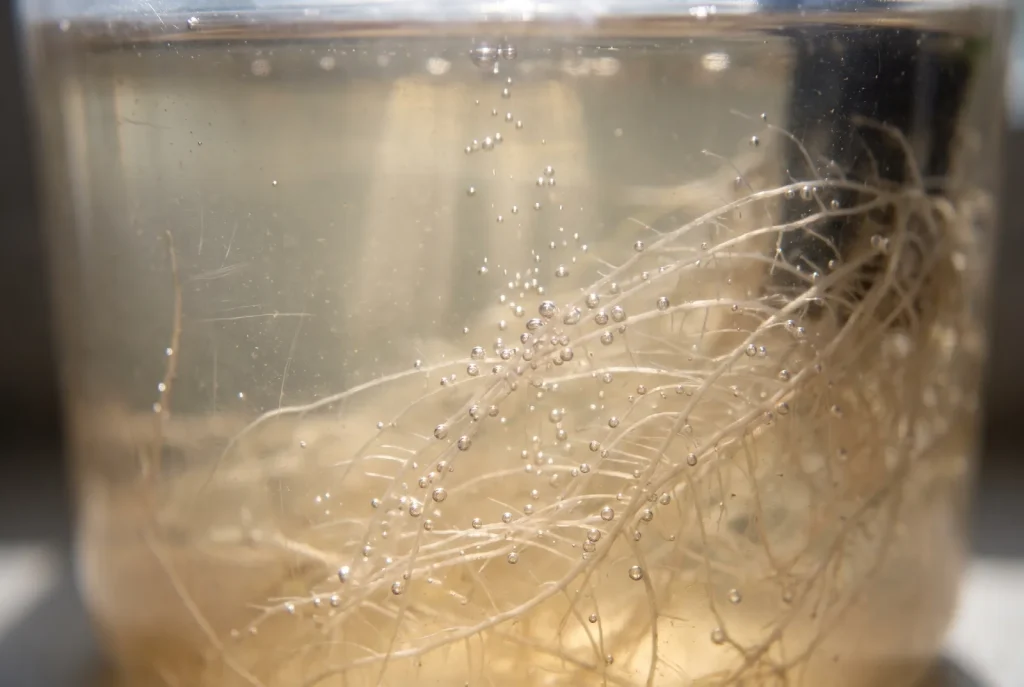 Macro view through the side of a reservoir showing white plant roots suspended in pale nutrient solution with fine oxygen bubbles clinging to the root hairs.