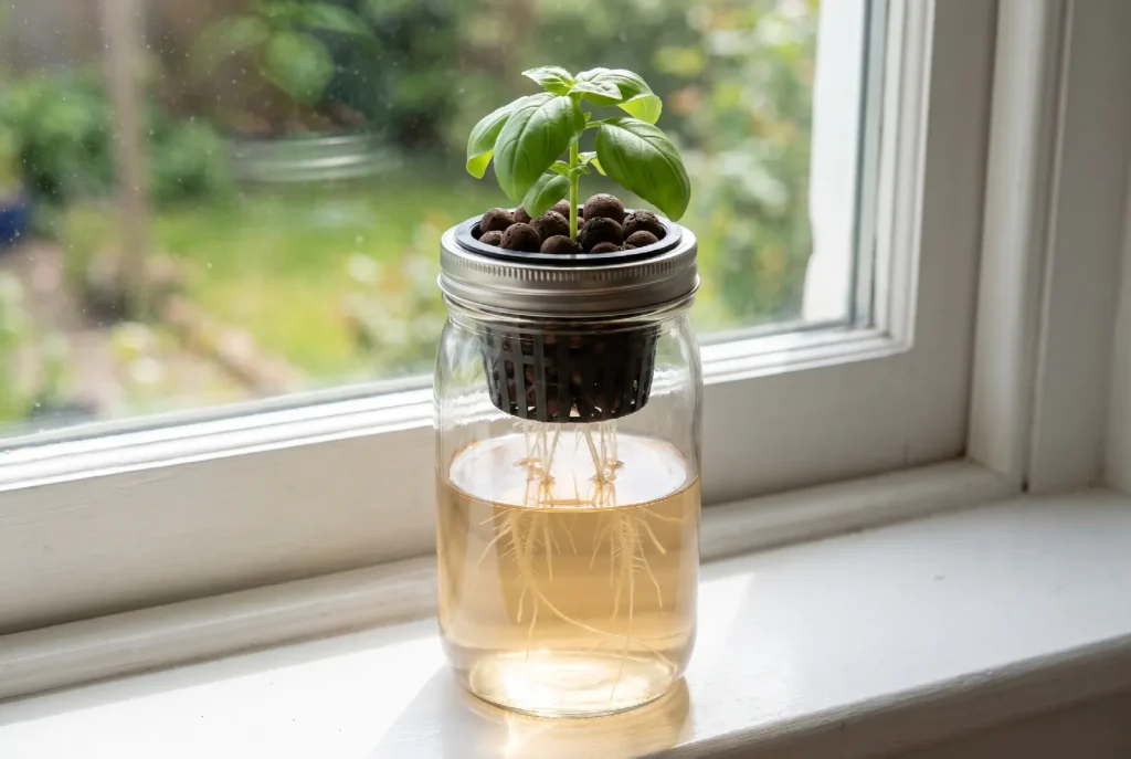 A quart glass jar on a windowsill holding a basil seedling in a net pot of clay pebbles, long white roots reaching down through pale nutrient solution with an air gap below the pot.
