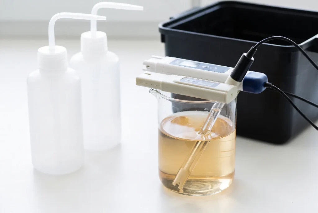 A pH pen and a TDS meter resting across a glass beaker of pale amber nutrient solution, with two squeeze bottles of pH adjuster and a reservoir behind.