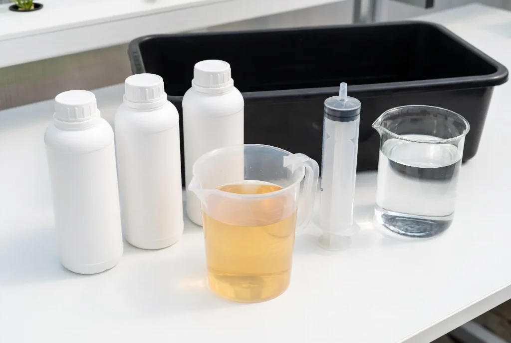 Three unlabelled nutrient concentrate bottles beside a measuring jug of pale amber solution, a measuring syringe and a beaker of clean water on a white worktop next to a reservoir.