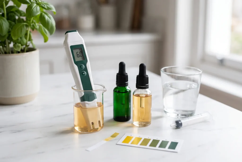 A digital pH pen standing in a glass beaker of pale amber nutrient solution and reading 6.0, beside two unlabelled dropper bottles, a glass of clear water, a measuring syringe, and a pH test strip laid next to its colour chart.