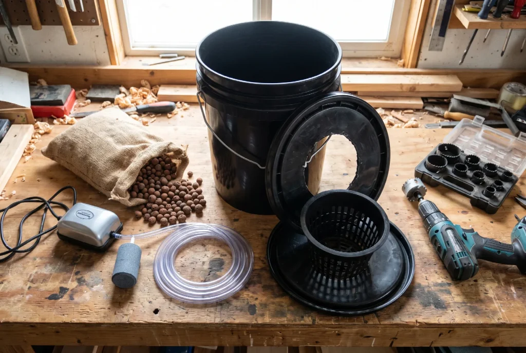 The parts for a bucket deep water culture build on a workbench: a black bucket, a lid with a cut hole, a net pot, clay pebbles, an air pump, tubing, an air stone, a drill and a hole saw set.
