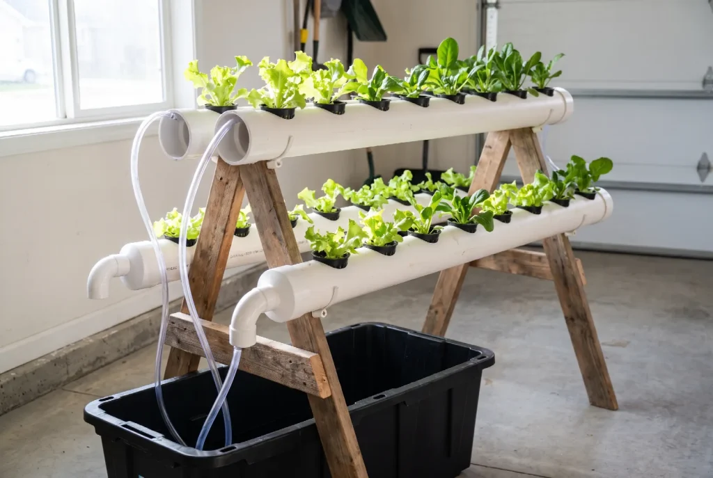 A two-tier hydroponic system built from white PVC pipe on a timber A-frame, each pipe holding a row of lettuce and spinach in net pots, fed from a reservoir below.