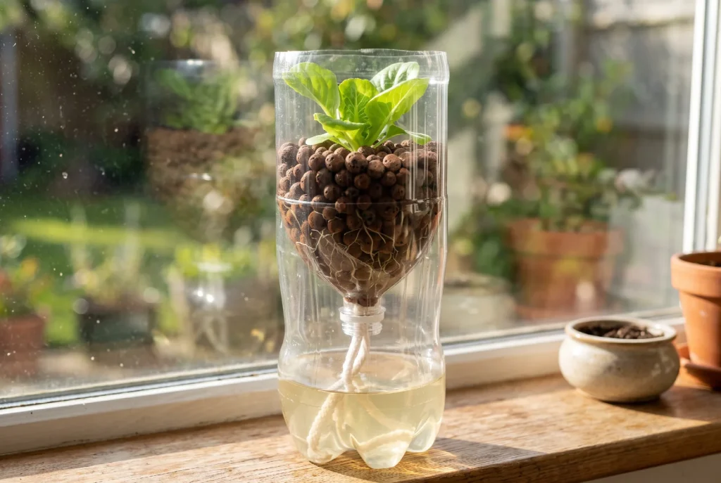 A two litre plastic bottle cut in half with the top inverted into the base to form a self-watering planter, a lettuce seedling growing in clay pebbles above pale nutrient solution.