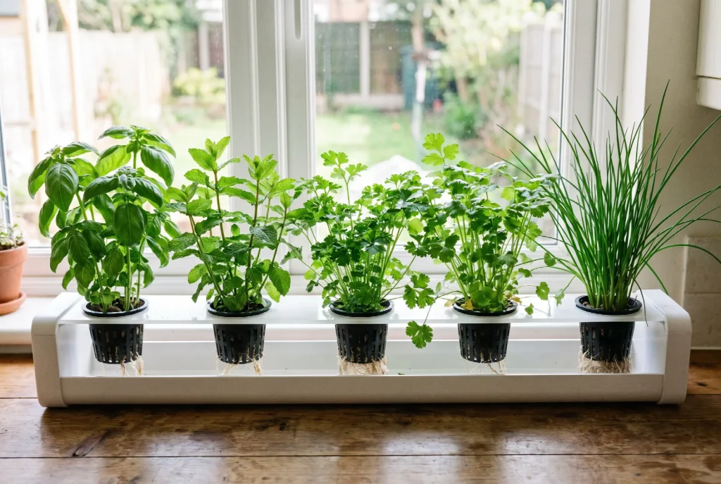 Basil, mint, parsley, coriander and chives growing in individual net pots set into a white trough of nutrient solution on a sunlit windowsill.