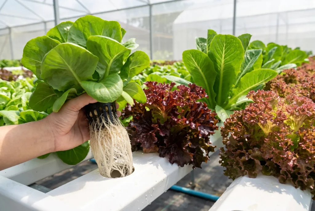 A hand lifting a full head of hydroponic butterhead lettuce clear of a channel to show its clean white root mass, with green and red leaf varieties growing alongside.