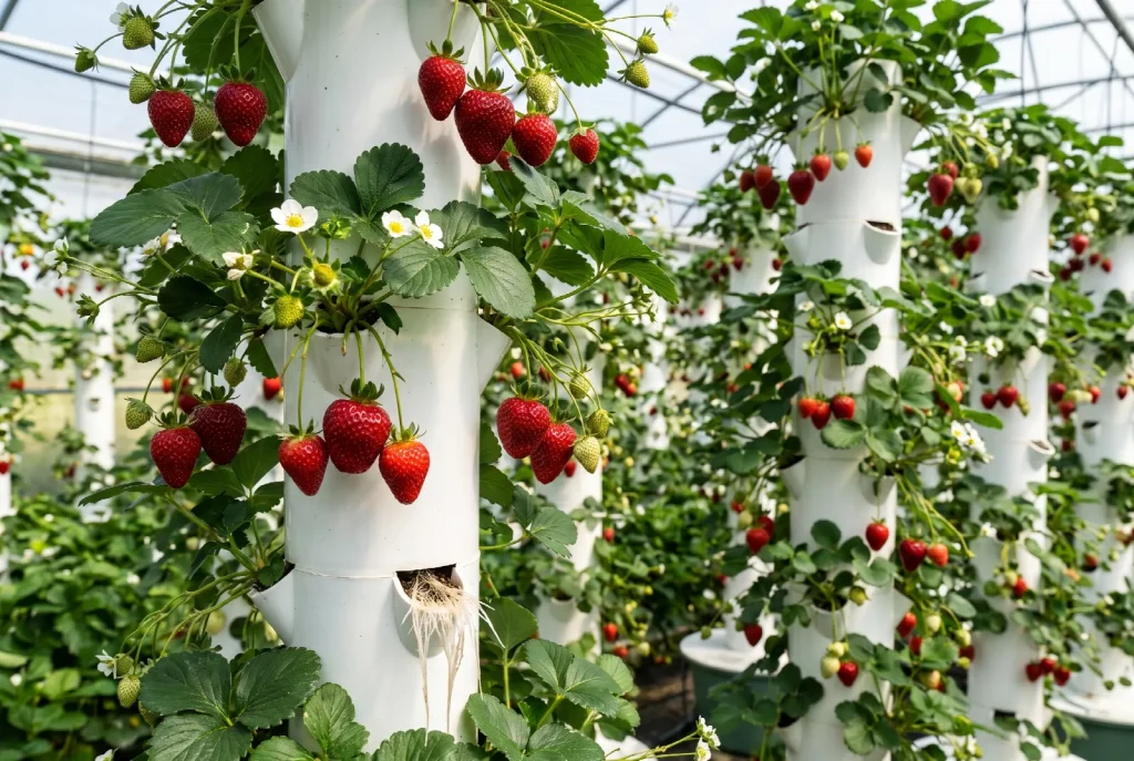Ripe strawberries hanging from a vertical hydroponic tower, with white blossom and green fruit on the same plants and roots visible at one planting hole.