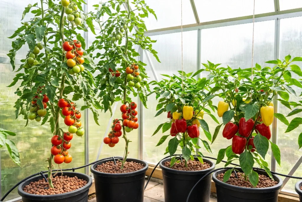 Vine tomatoes carrying ripening trusses beside bushy pepper plants with red and yellow fruit, all growing in pots of clay pebbles fed by drip lines in a home greenhouse.