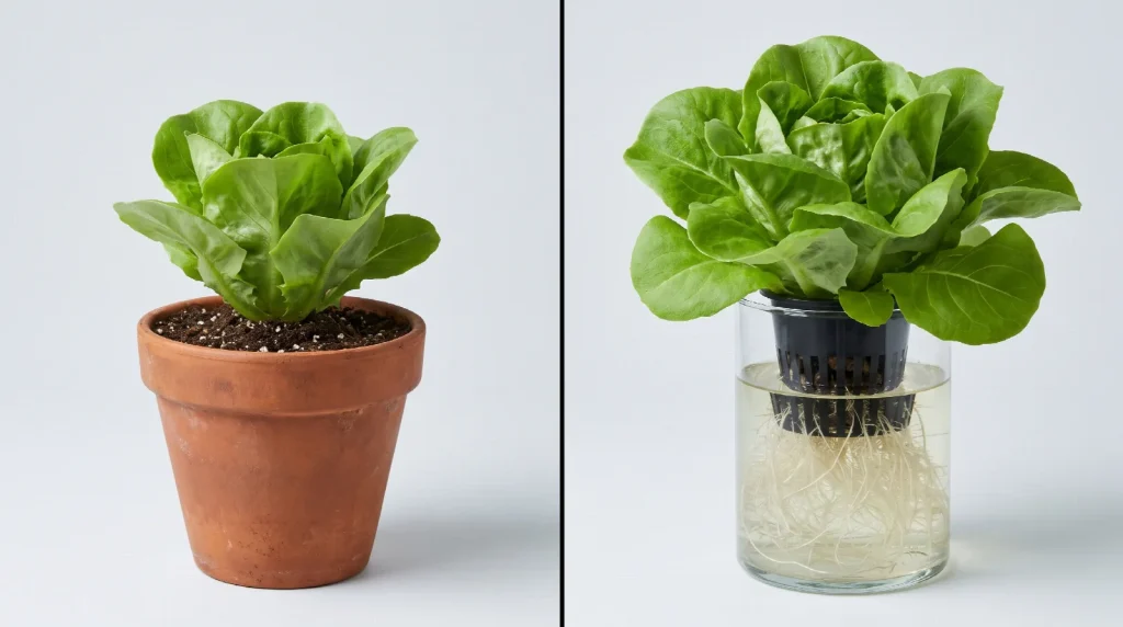 Side-by-side comparison of one butterhead lettuce growing in a terracotta pot of soil and an identical lettuce growing in a net pot suspended over nutrient solution, its white roots fully visible.