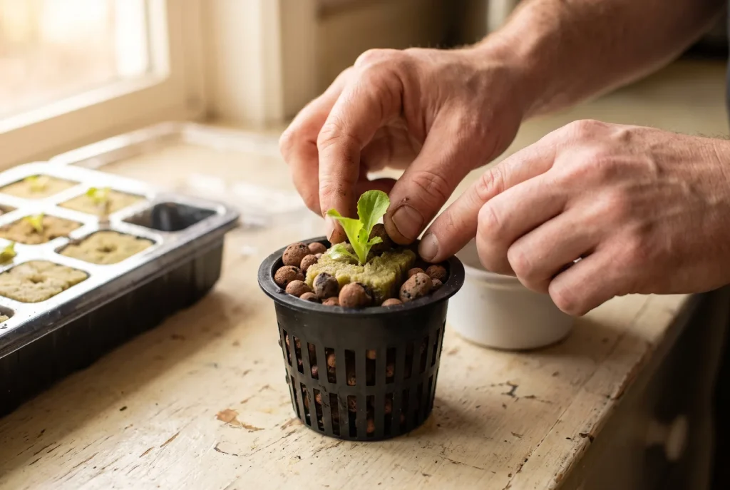 Two hands settling a small lettuce seedling and clay pebbles into a black net pot, with a propagation tray on the worktop behind.