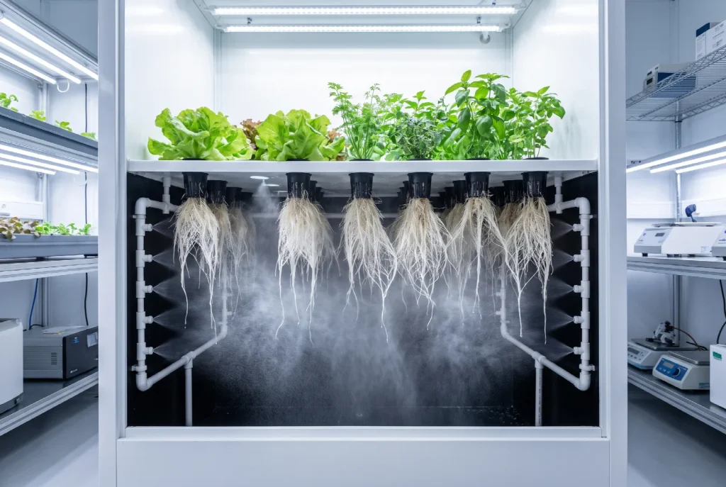 An aeroponic chamber shown with its front panel removed, bare white roots hanging in open air and being misted by spray nozzles on a manifold.