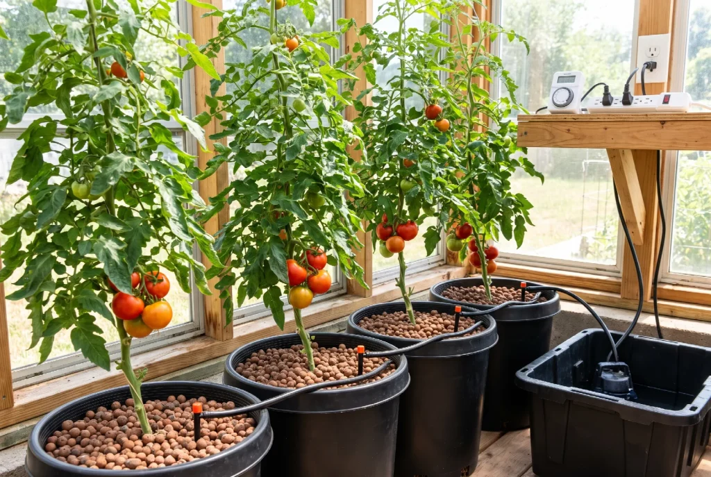 Four vine tomato plants in pots of clay pebbles, each fed by its own drip emitter on a stake, with a reservoir, pump and timer at the end of the row.