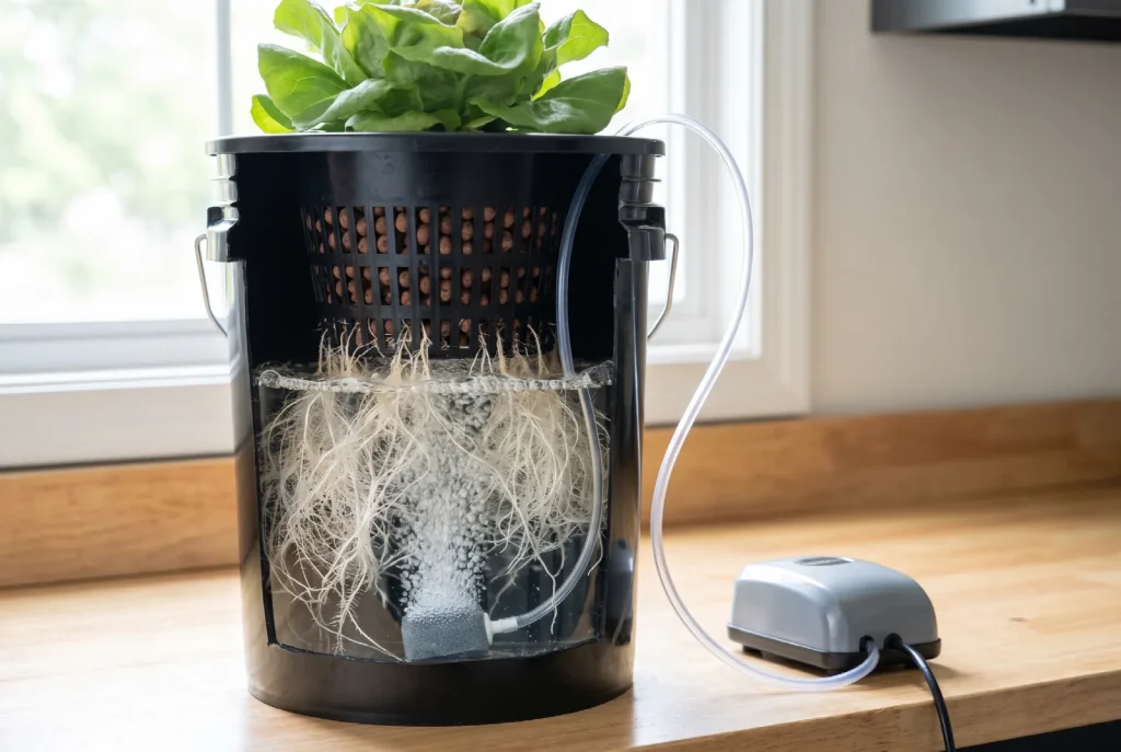 A five gallon bucket deep water culture system shown in cross-section, with a lettuce plant in a net pot above a mass of white roots suspended in nutrient solution and an air stone releasing bubbles.