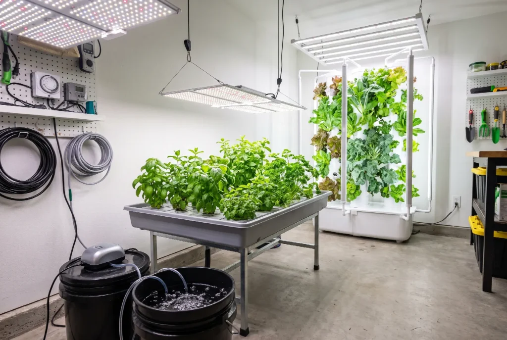 A home grow room containing several different hydroponic systems at once: a bucket unit with an air pump, a flood tray of herbs on a stand, and a tall vertical tower of greens under LED panels.