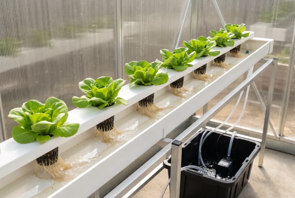A sloping white NFT channel with lettuce plants in net pots, a thin film of nutrient solution running along the channel floor past their roots.